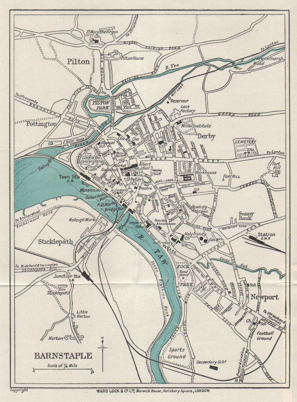 BARNSTAPLE vintage tourist town city resort plan. Devon. WARD LOCK 1926 map